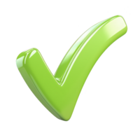 shiny green check mark symbol on transparency background, representing approval or confirmation. check mark is three dimensional and has glossy finish, conveying sense of positivity and success png