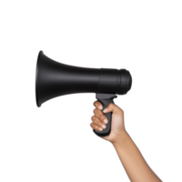 hand holding black megaphone symbolizes communication and amplification. image conveys sense of urgency and importance, often associated with announcements or protests png