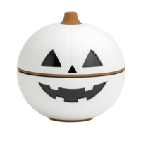 white pumpkin shaped container with carved jack o lantern face, featuring smiling expression. top resembles pumpkin stem, adding festive touch to design png