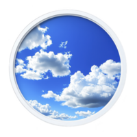 round window frame reveals vibrant blue sky filled with fluffy white clouds, creating serene and peaceful view. circular design adds unique perspective to natural scene png