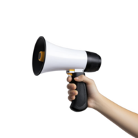 hand holding white and black megaphone, symbolizing communication and announcement. image conveys sense of urgency and importance, often used in public speaking or events png