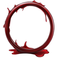 circular red ring with dripping liquid creates striking visual, evoking sense of mystery and intrigue. glossy texture and vivid color enhance its dramatic impact png