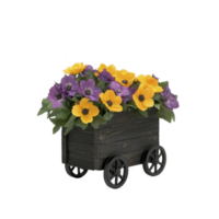 Charming wooden cart filled with vibrant yellow and purple flowers creates cheerful and rustic display. combination of colors and textures adds lively touch to any setting png