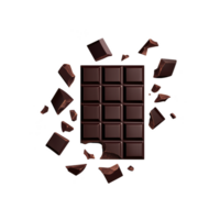 Broken chocolate bar with scattered pieces, showcasing rich, dark chocolate. image captures texture and indulgence of chocolate, evoking sense of craving and delight png
