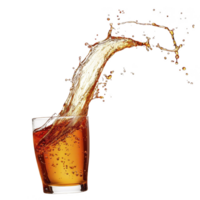 Splash of fizzy brown soda erupts energetically from clear glass, capturing dynamic motion of carbonated beverage. bubbles add lively texture to scene png