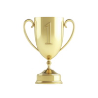 Shiny gold trophy with number one engraved, symbolizing victory and achievement. elegant design features curved handles and polished finish, perfect for celebrating success png