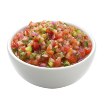 Bowl of fresh salsa featuring diced tomatoes, onions, and green peppers, perfect for vibrant and flavorful appetizer png
