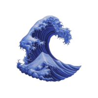 Stylized illustration of large, curling ocean wave with dynamic movement and frothy details, evoking sense of power and fluidity. wave is depicted in shades of blue and white png