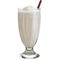 Creamy vanilla milkshake in tall glass with straw, topped with whipped cream, evokes sense of indulgence and nostalgia png
