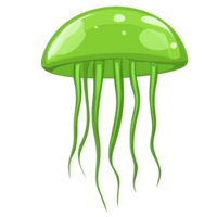 Vibrant green jellyfish illustration with long, flowing tentacles and glossy, translucent appearance. cartoon style adds playful and whimsical touch to marine creature png