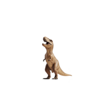 Small, realistic toy dinosaur figurine resembling T Rex stands upright with its mouth open, showcasing detailed textures and lifelike appearance. toy is isolated on transparency background png