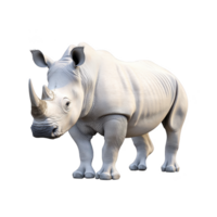 Realistic 3D rendering of white rhinoceros standing on plain background, showcasing its textured skin and prominent horn. image highlights rhino powerful build and natural features png