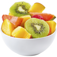 Vibrant bowl of fresh fruit including kiwi, peach, and raspberry, showcasing colorful and healthy snack option. fruits are sliced and arranged in white bowl png
