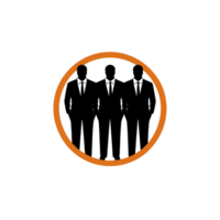 Silhouettes of three men in suits are enclosed within orange circle, symbolizing unity and professionalism. image conveys sense of teamwork and corporate identity png
