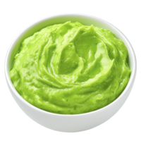 Bowl of creamy, vibrant green avocado puree, perfect for dips or spreads, is displayed in white bowl. smooth texture and rich color make it visually appealing and appetizing png