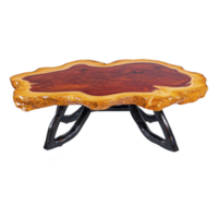 Rustic wooden coffee table with polished, natural edge top and sturdy, artistic legs adds touch of nature to any living space png