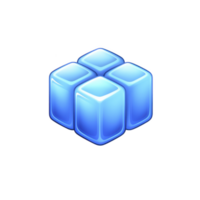 Cluster of four glossy blue cubes arranged in cross pattern, each cube reflecting light to create shiny, futuristic appearance. cubes are set against transparent background png
