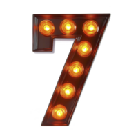 Glowing number seven with bright orange lights on transparency background, creating vintage marquee sign effect. illuminated bulbs add retro and eye catching appeal png