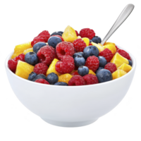 White bowl filled with colorful mix of fresh fruits including blueberries, raspberries, and pineapple chunks, with spoon. vibrant colors and variety of fruits create appetizing and healthy png