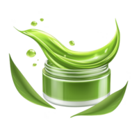 Green cosmetic jar with swirling leaf design and droplets, symbolizing freshness and natural ingredients. image conveys sense of purity and eco friendliness png