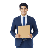 Confident man in blue suit holds folder, smiling warmly. professional attire and positive demeanor suggest business or corporate setting, conveying sense of success and approachability png