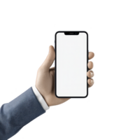 Hand in blue suit holds smartphone with blank screen, ready for customization or app display. image is isolated on transparency background, emphasizing device png