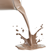 Splash of chocolate milk is captured mid air, creating dynamic splashes and droplets. rich brown liquid contrasts against transparency background, emphasizing motion and texture png
