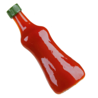 Bottle of red sauce with green cap is shown, likely containing ketchup or hot sauce. bottle is tilted, showcasing its glossy surface and vibrant color png
