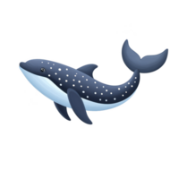 Cute cartoon whale with spotted pattern swims joyfully, showcasing its playful nature. illustration features blue and white color scheme, emphasizing its friendly appearance png