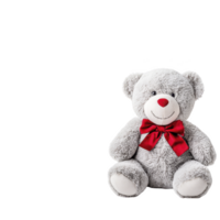 Cute gray teddy bear with red bow sits against plain background, exuding warmth and charm. Its soft, plush texture and friendly expression make it ideal gift for children or loved ones png