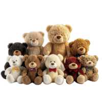 Group of adorable teddy bears in various colors and sizes, each with unique bow ties, are arranged together, creating heartwarming and playful scene png