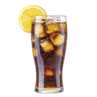 Refreshing glass of iced with lemon slice, showcasing condensation and ice cubes. drink is served in clear glass, highlighting its fizzy texture and inviting appearance png