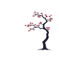 Minimalist illustration of stylized tree with dark trunk and branches adorned with vibrant red blossoms, set against transparent background. design evokes sense of elegance and simplicity png