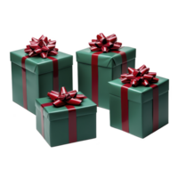 Four green gift boxes with shiny red ribbons are arranged together, creating festive and joyful atmosphere. boxes vary in size, adding visual interest and sense of anticipation png