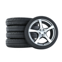 Stack of four black car tires is neatly arranged next to single tire with shiny silver alloy wheel, showcasing sleek and modern design png