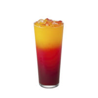 Vibrant, refreshing drink with gradient of red to yellow, topped with ice cubes, perfect for summer day png