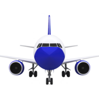 Front view of commercial airplane with blue and white color scheme, showcasing its engines and landing gear. aircraft is isolated on transparency background png