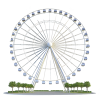 Large Ferris wheel with multiple cabins stands tall against clear sky, surrounded by lush green palm trees, creating serene and inviting atmosphere png