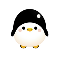 A cute cartoon penguin with round body and cheerful expression stands against plain background. penguin has black head, white face, and yellow beak and feet, adding to its adorable appearance png