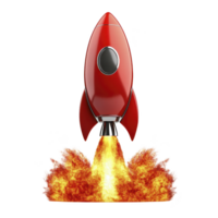 A red rocket ship with sleek design is launching with fiery flames and smoke trailing behind, symbolizing innovation and progress. vibrant colors and dynamic motion convey excitement and energy png
