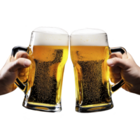 A Two hands clinking frothy beer mugs, celebrating with golden, bubbly lager. image captures festive and joyful moment, perfect for social gatherings or Oktoberfest themes png