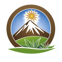 A stylized logo features mountain with sun at its peak, encircled by brown ring. foreground includes green leaves, symbolizing nature and growth. design conveys sense of harmony and vitality png