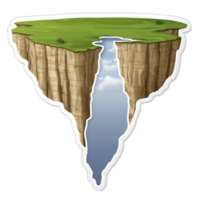 A floating island with grassy top and steep cliffs descends into narrow point, creating surreal and imaginative landscape. sky is visible through gap, adding depth and wonder png