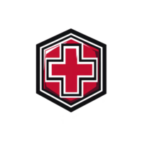 A red cross symbol is centered within black hexagonal frame, representing medical or emergency services. design is bold and striking, conveying sense of urgency and care png