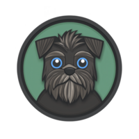 A cute cartoon dog with big blue eyes and fluffy beard is centered in circular frame with green background. illustration has playful and friendly vibe png