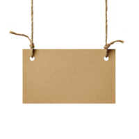A blank rectangular cardboard sign hangs from two pieces of twine, ready for customization. simple design and natural materials evoke rustic and versatile feel png