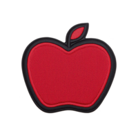 A vibrant red apple patch with black outline and small leaf on top, perfect for adding playful touch to clothing or accessories. design is simple yet eye catching png