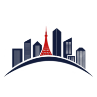 A stylized city skyline features prominent red tower amidst various skyscrapers, creating modern and urban atmosphere. design is simple yet striking, emphasizing tower unique architecture png
