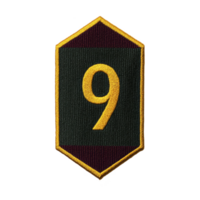 A hexagonal embroidered patch features bold yellow number nine on transparency background, outlined with yellow border, symbolizing rank or achievement png