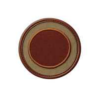 A This shows round embroidered patch with central red circle and brown border, featuring textured fabric design. patch has rustic and vintage appearance png